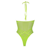Halter Tie Neck Bodysuit Neon Green Plus Size